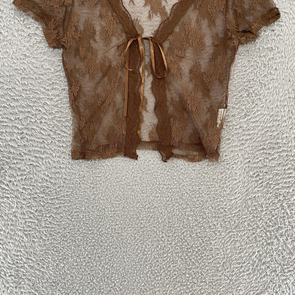 Y2K Sheer Lace Fairy Top Womens Medium Floral Tie Front Cropped Y2K Fairycore - Picture 3 of 11